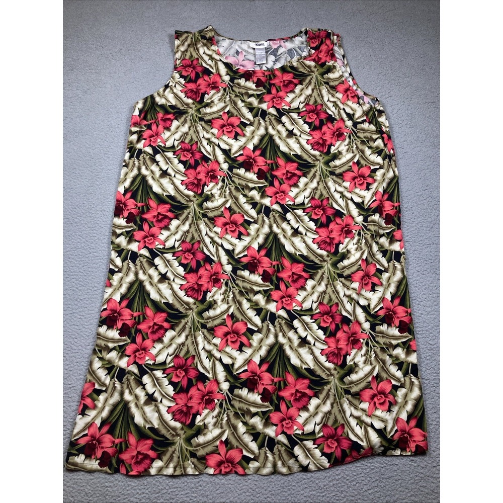 DR Tropical Floral Dress Womens 34WP‎ Pink Green Rayon Sleeveless Midi Shift